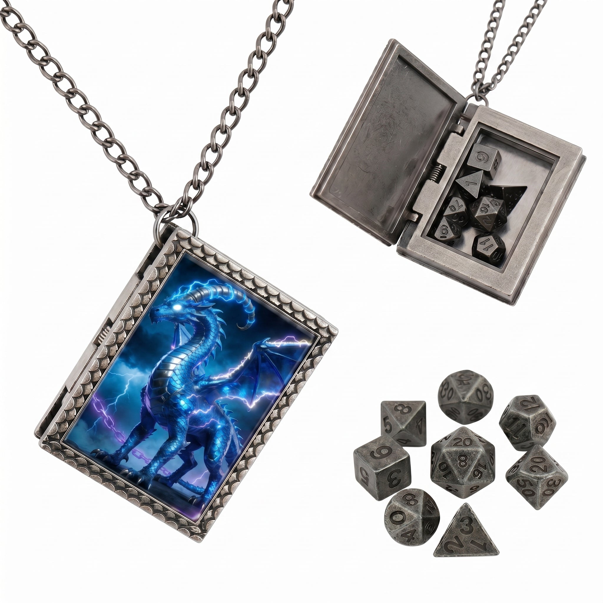 Blue Lightning Dragon Dice Necklace