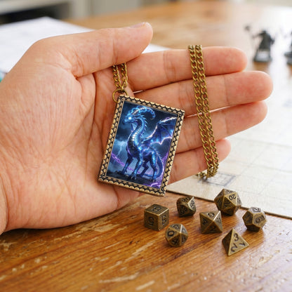 Blue Lightning Dragon Dice Necklace