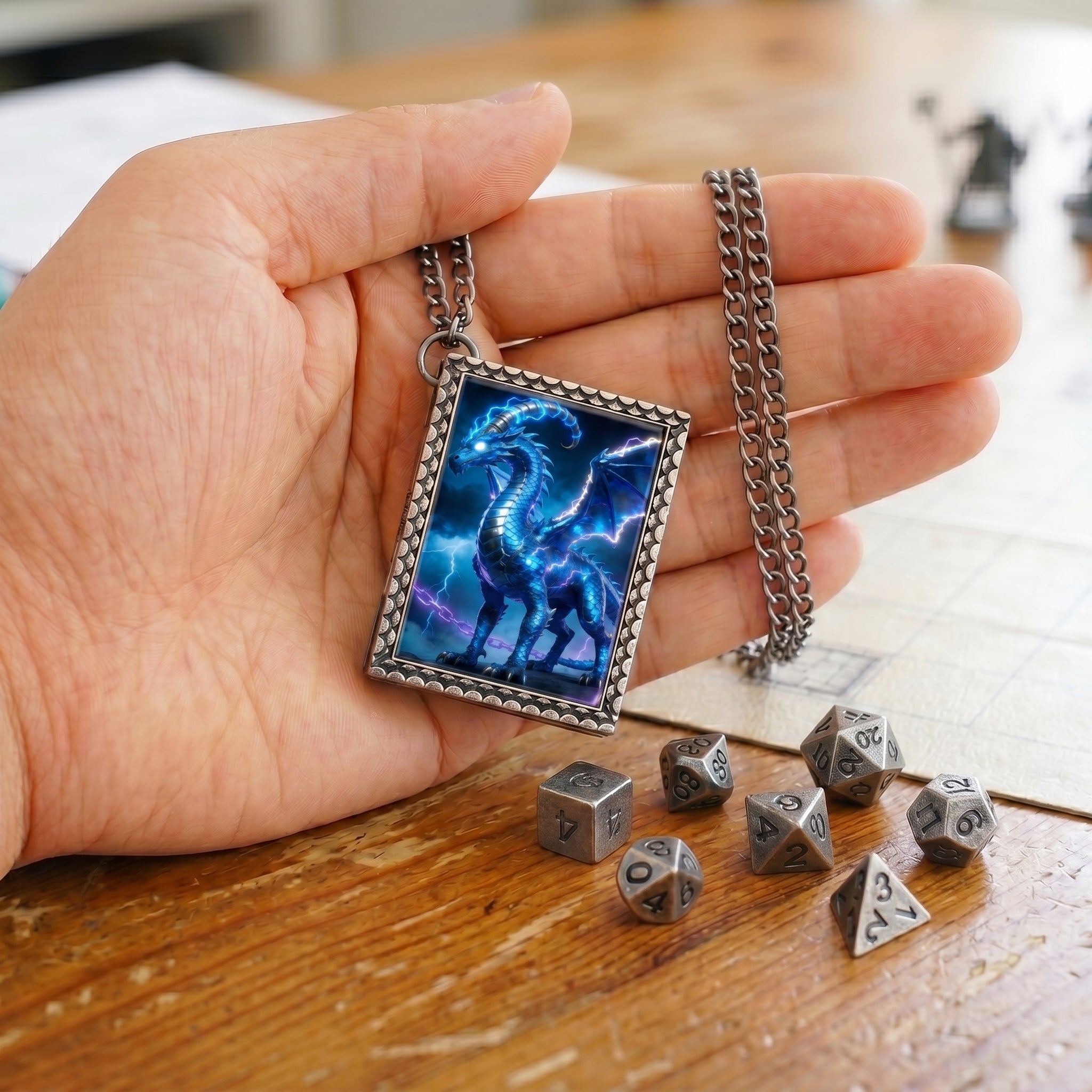 Blue Lightning Dragon Dice Necklace