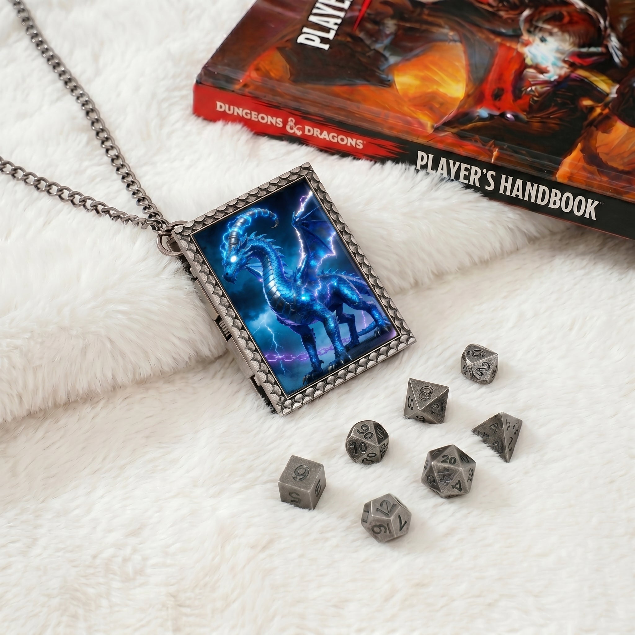 Blue Lightning Dragon Dice Necklace
