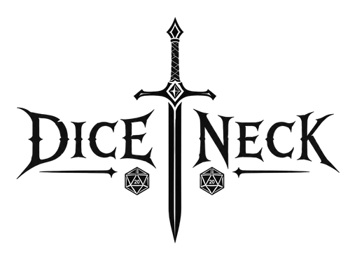 Logo with a sword and dice symbols on a white background