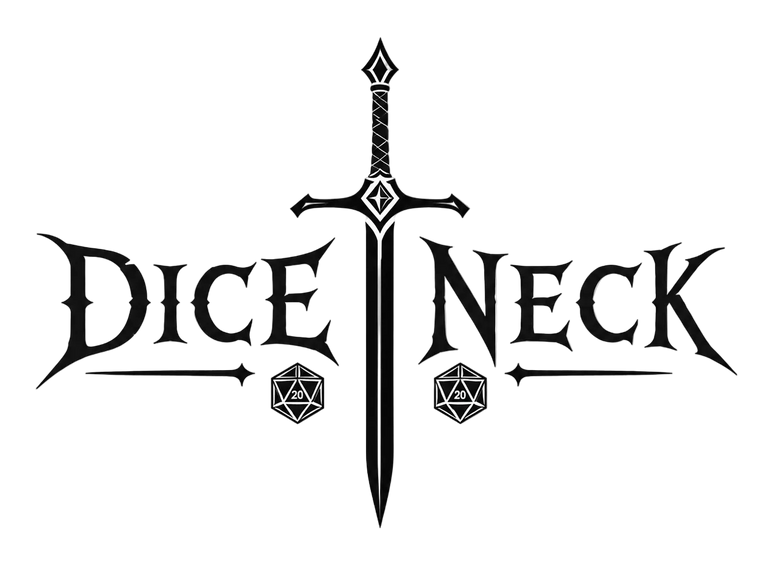 Logo with a sword and dice symbols on a white background