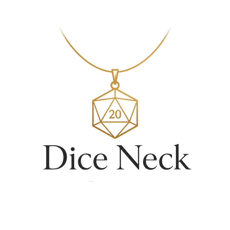 Gold necklace with a geometric pendant labeled '20' on a white background, featuring the brand 'Dice Neck'.
